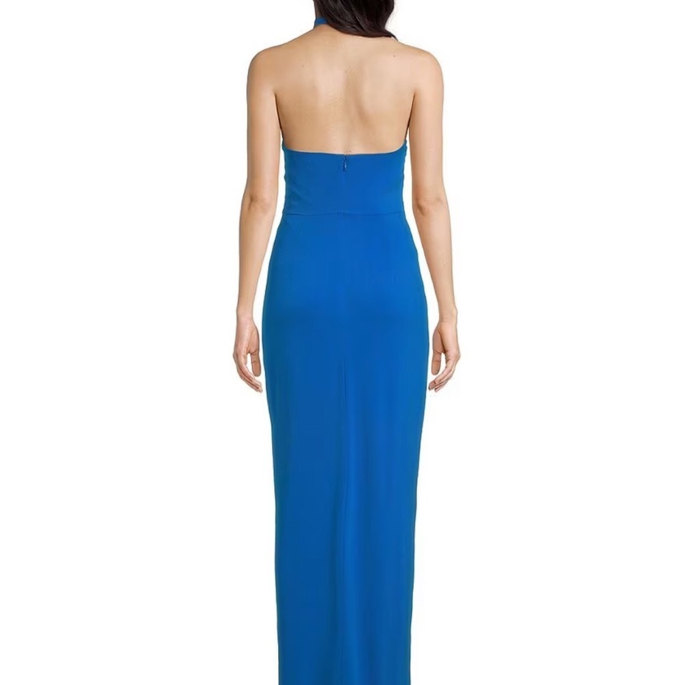 Badgley Mischka Royal Blue Halter Maxi Gown with Front Slit - Picture 2 of 15